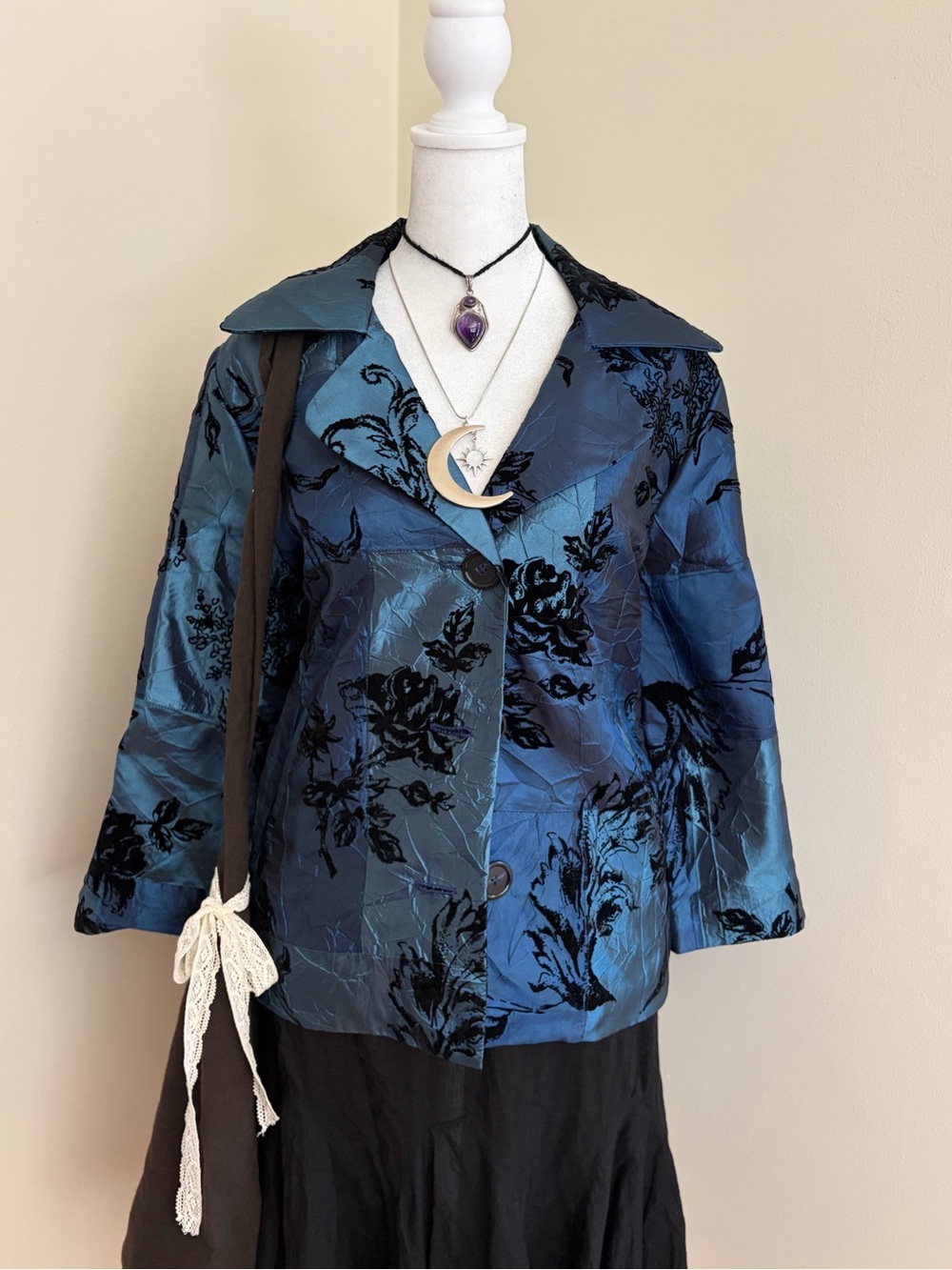 Whimsygoth blue iridescent velvet burnout jacket Susan Graver vintage Y2K L